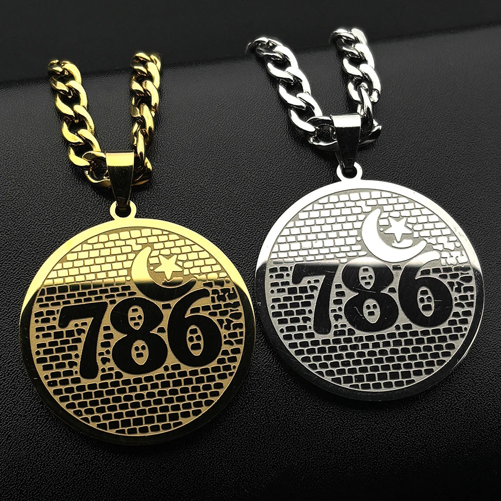 Muslim Arabic 786 Allah God Name Quran Stainless Steel Necklaces Wommen Men Islamic Talisman Star Crescent Moon Pendant Jewelry