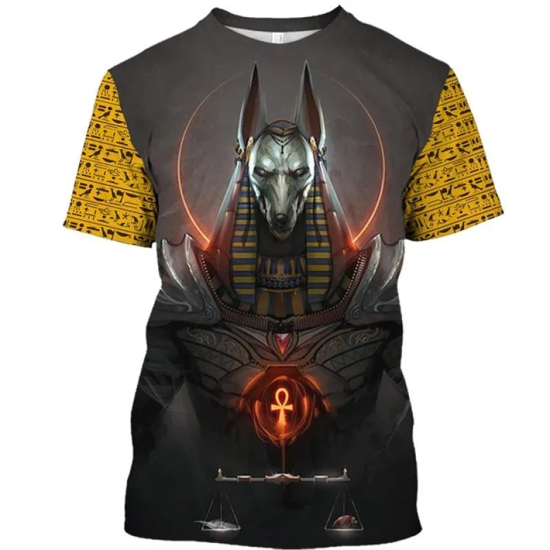Golden Pharaoh & Anubis T-Shirt – Men's Egyptian Print O-Neck Short Sleeve Tee