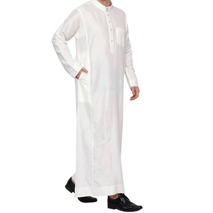 Polyester men's long robe, Qatar style stand collar robe, pocket design, Arabian and Middle Eastern men's clothing, available in