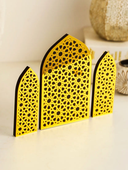 3Pcs/Set Islamic Geometric Arch Decor Golden & Floral Acrylic Table Ornaments Wooden Festive Home Decor for Ramadan & Eid Gifts