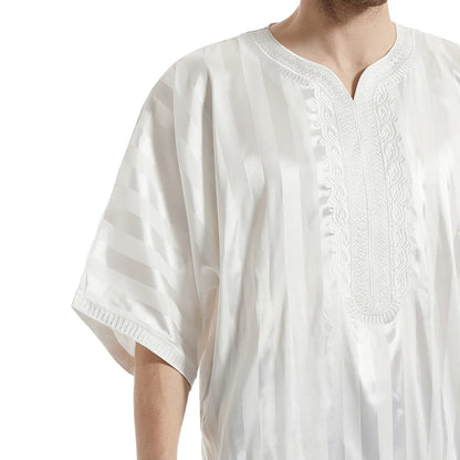 Middle Eastern Muslim Men's Striped Middle Sleeve Embroidered Robe Half Sleeve Arabic Costume Traditional Men's Robe
