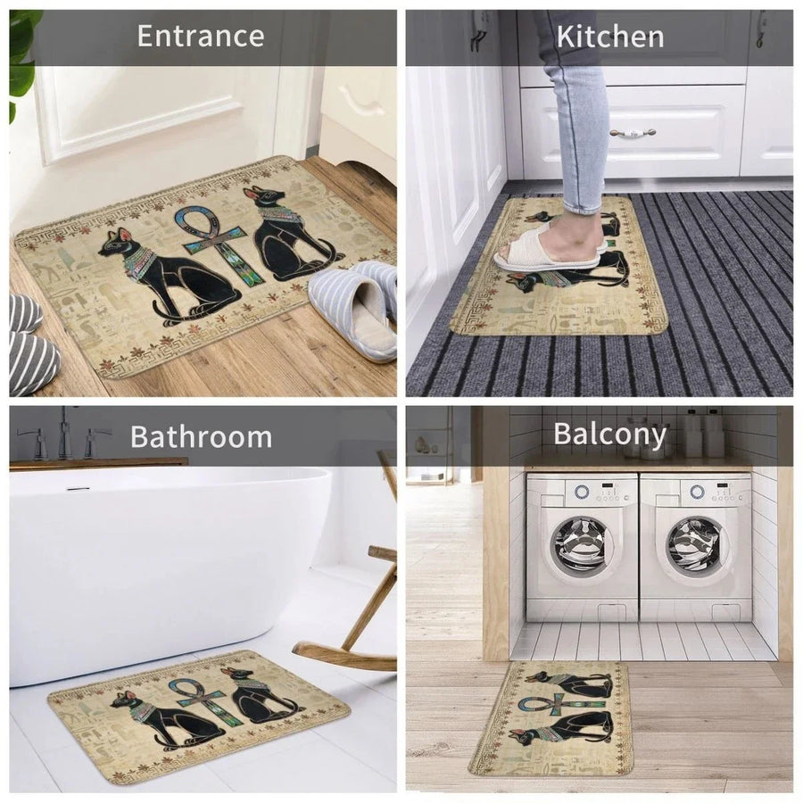 Egyptian Cats & Ankh Doormat – Anti-Slip Entrance Rug, Ancient Egypt Home Decor