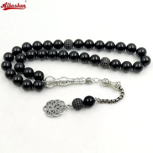 The Tasbih of Serenity – Black Agate Beads with Zircon Accents