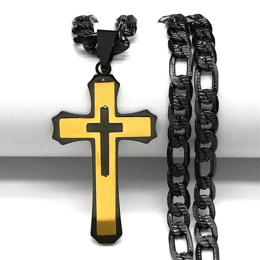 Hip Hop Christian Cross Stainless Steel Long Chain Pendant Necklaces for Women Men Gold Color Necklace Amulet Jewelry Gift