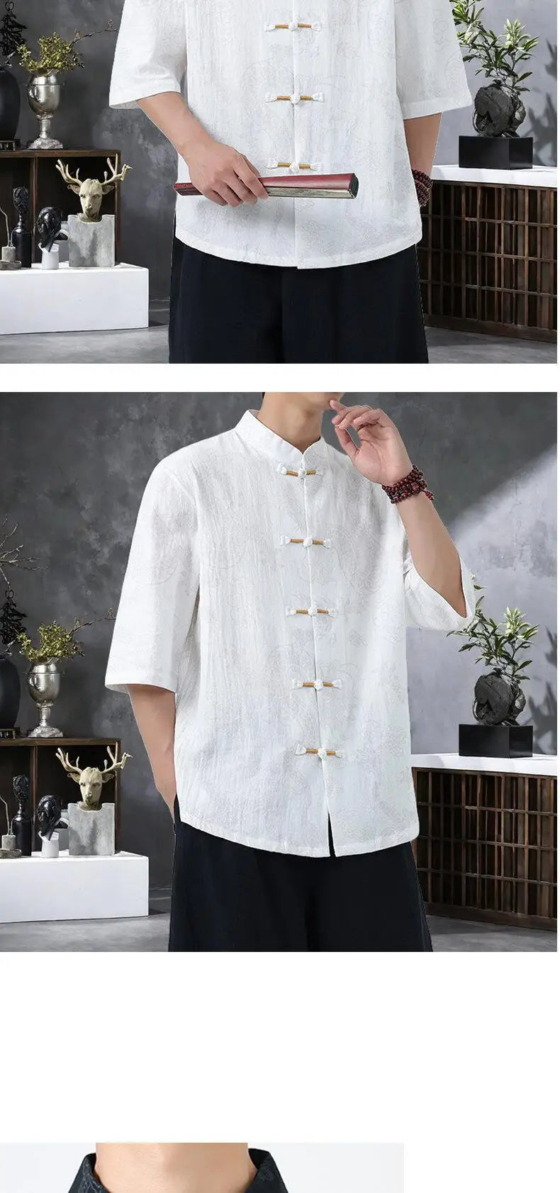 Men's Lightweight Printed Shirt Summer Chinese Style Mandarin Collar Casual Top with Frog Buttons Oriental Design