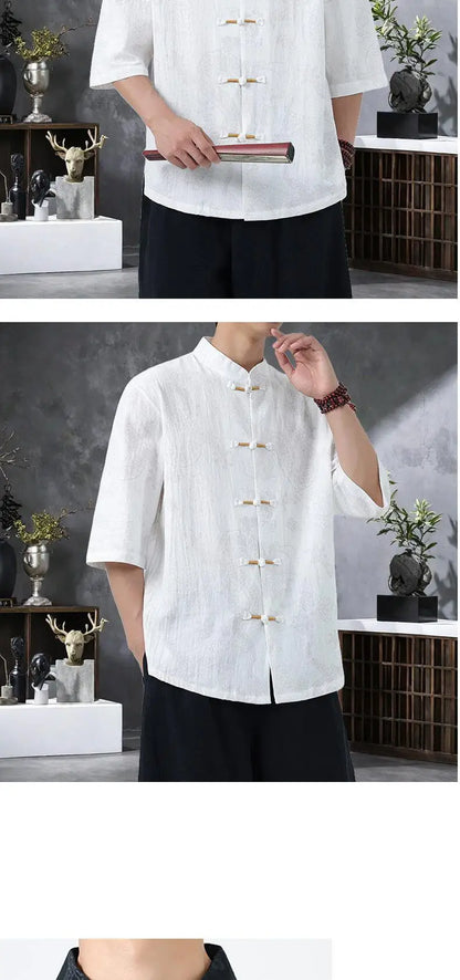 Men's Lightweight Printed Shirt Summer Chinese Style Mandarin Collar Casual Top with Frog Buttons Oriental Design