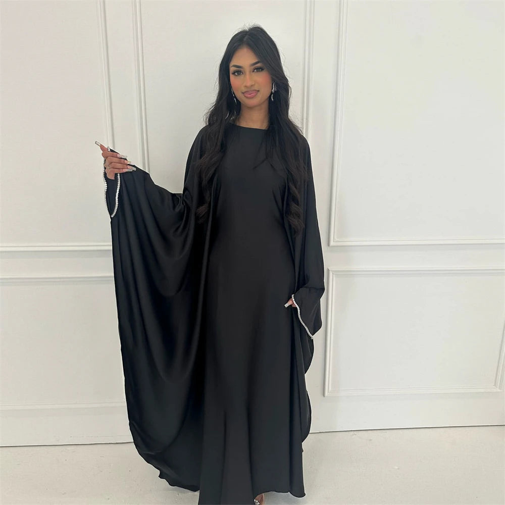 Eid Muslim Kaftan Satin Batwing Abaya Dubai Luxury Arabic African Dresses Abayas For Women Caftan Marocain Robe Femme Musulmane