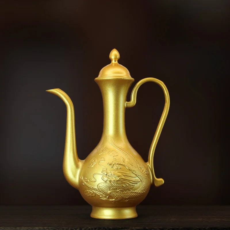 Brass creative decorative ornament wine pot relief lotus dragon and phoenix high wine pot home desktop exquisite crafts