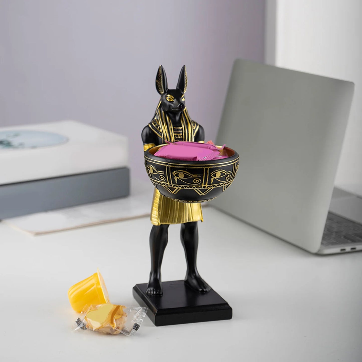 25cm Anubis God Statue Ancient Egypt Art Sculpture with Bowl for Keys/Jewelry Gift for Mythology Lovers & History Buffs
