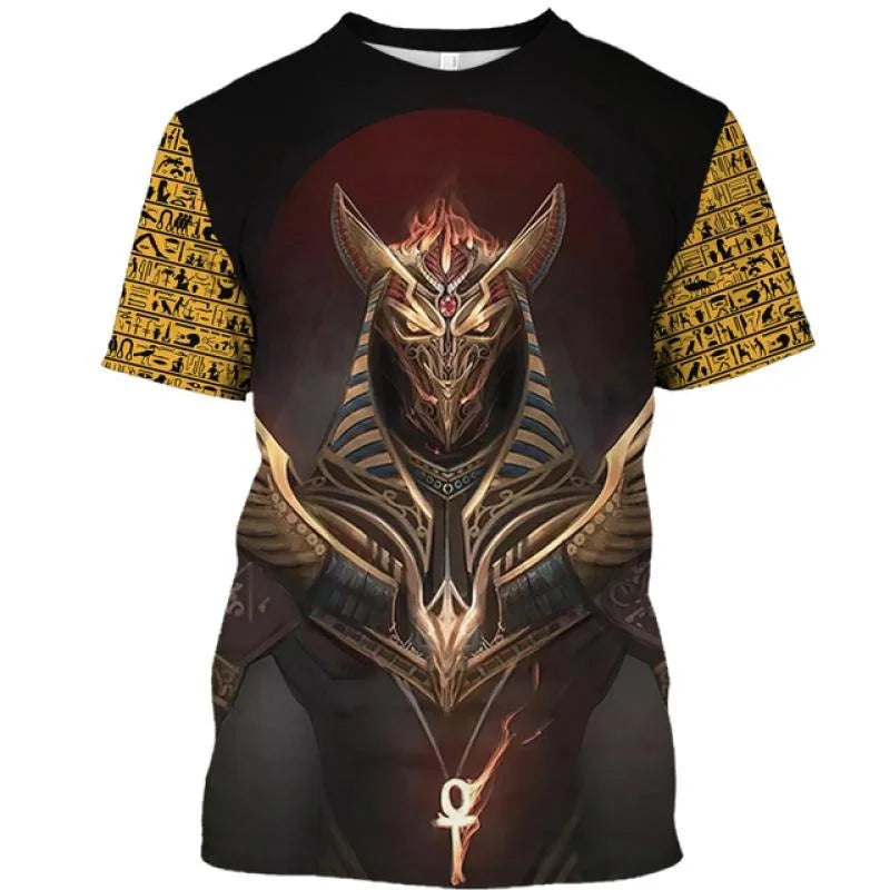 Golden Pharaoh & Anubis T-Shirt – Men's Egyptian Print O-Neck Short Sleeve Tee