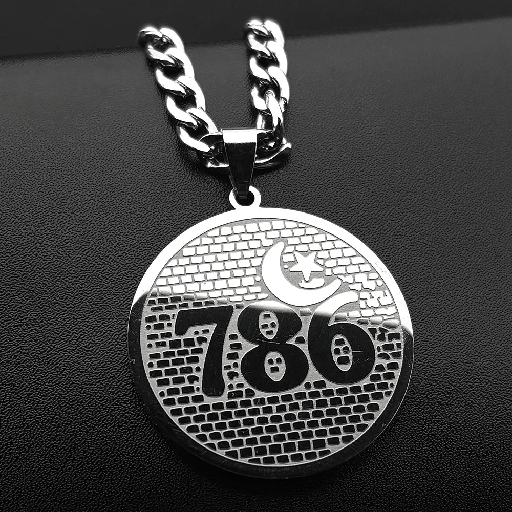 Muslim Arabic 786 Allah God Name Quran Stainless Steel Necklaces Wommen Men Islamic Talisman Star Crescent Moon Pendant Jewelry