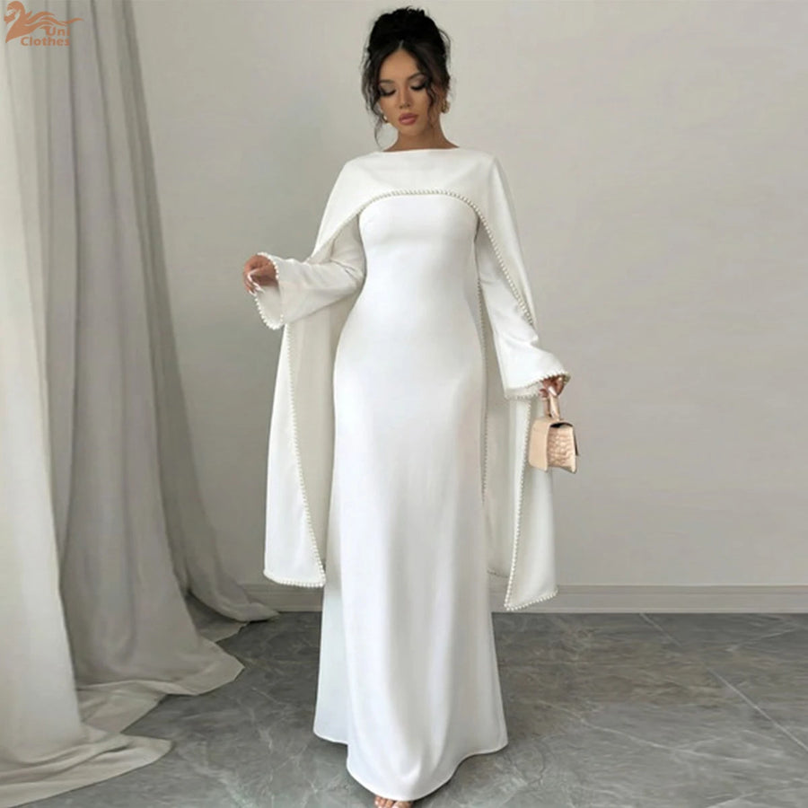 Pearls of Purity – White Cape Sleeve Maxi Dress for the Muslim Woman in America