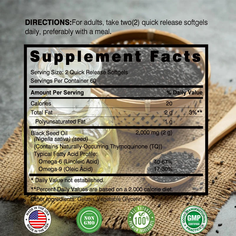 Black Seed Oil - Promotes Overall Health, Strengthens The Immune System, Relieves Indigestion, Antioxidant Properties, Non-GMO