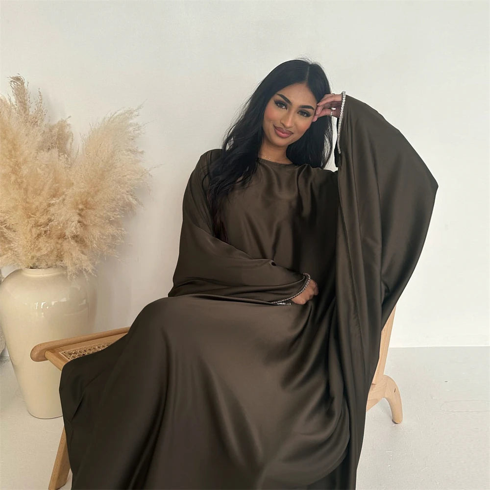 Eid Muslim Kaftan Satin Batwing Abaya Dubai Luxury Arabic African Dresses Abayas For Women Caftan Marocain Robe Femme Musulmane