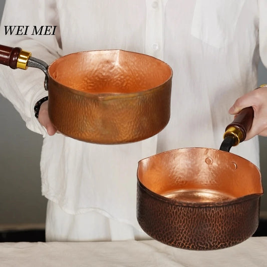 Copper Flat Pan with Side Handle Mashed Potatoes Stew Pot,Solid Wood Handle Copper Soup Noodle Pot,Home Cooking Outdoor Cookware