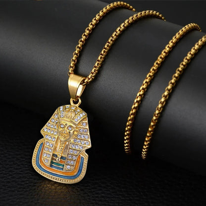 Iced Out Pharaoh Pendant – Gold-Tone Stainless Steel Egyptian Necklace for Men & Women
