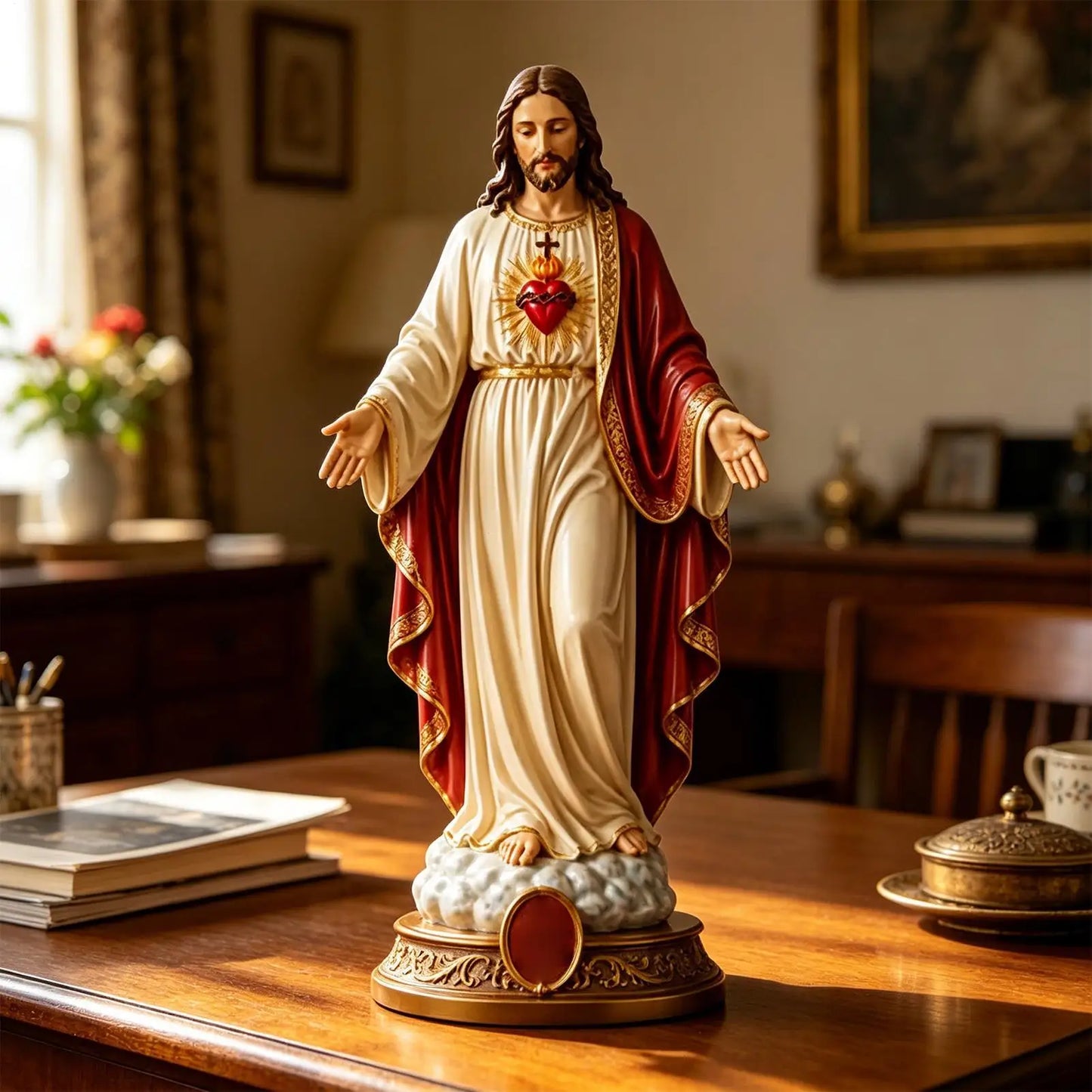 8 Inch Jesus Heart Virgin Mary Figurines Blessed Mother Statues Collectible Figurines Religious Desk Decor For Bedroom