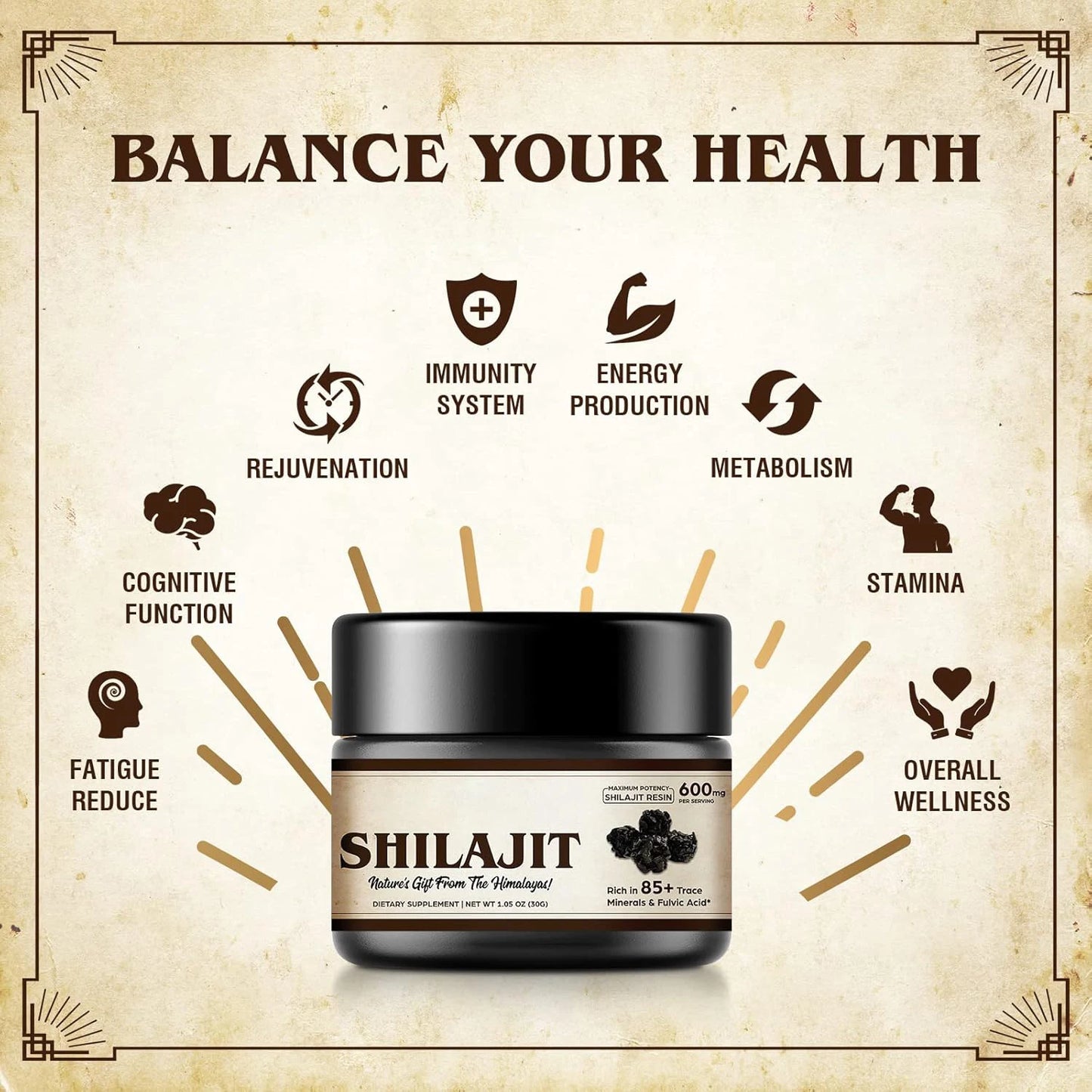 Organic Shilajit Pure Himalayan Organic Shilajit Resin with 85+ Trace Minerals & Fulvic Acid for Energy, Immune Support - 600mg