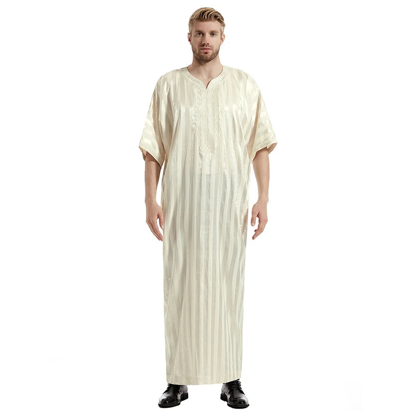 Middle Eastern Muslim Men's Striped Middle Sleeve Embroidered Robe Half Sleeve Arabic Costume Traditional Men's Robe