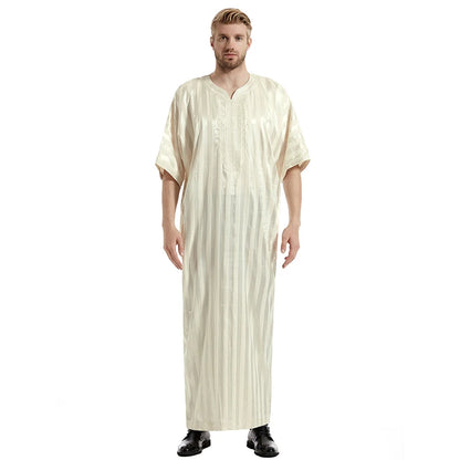 Middle Eastern Muslim Men's Striped Middle Sleeve Embroidered Robe Half Sleeve Arabic Costume Traditional Men's Robe