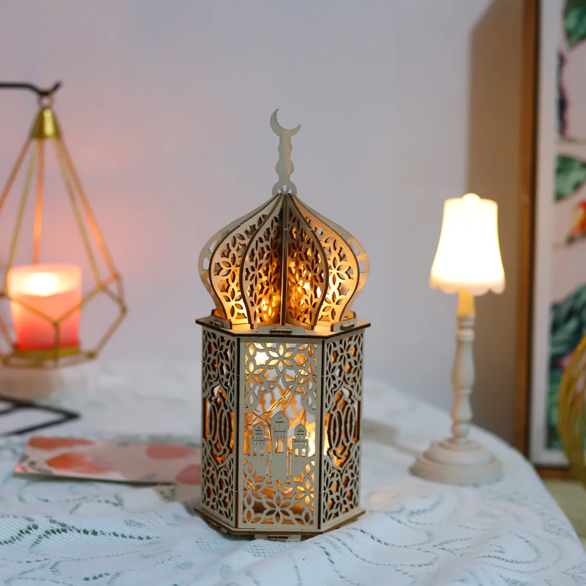 Ramadan Kareem LED Wooden Lantern Eid Mubarak Decoration for Home 2023 Islamic Muslim Party Supply Eid Al-Fitr Ornaments Lantern