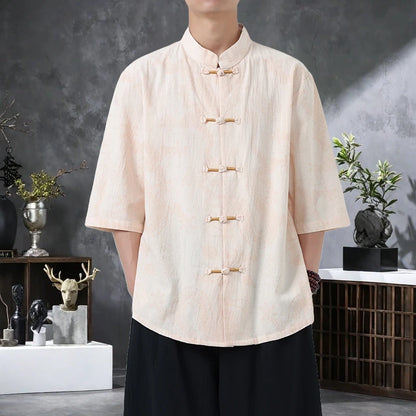 Men's Lightweight Printed Shirt Summer Chinese Style Mandarin Collar Casual Top with Frog Buttons Oriental Design