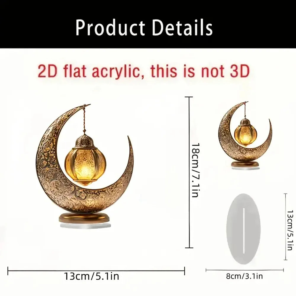 2D Flat, Elegant Acrylic Eid al-Fitr Tabletop Decoration - Classic Crescent Moon with Intricate Patterns and Glowing Ornament