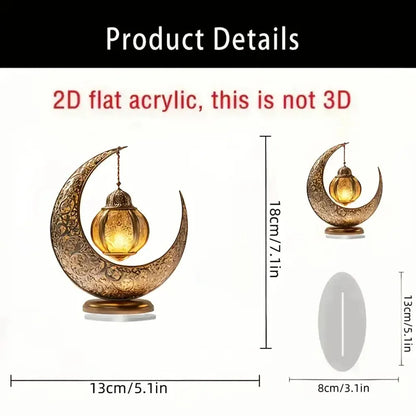 2D Flat, Elegant Acrylic Eid al-Fitr Tabletop Decoration - Classic Crescent Moon with Intricate Patterns and Glowing Ornament