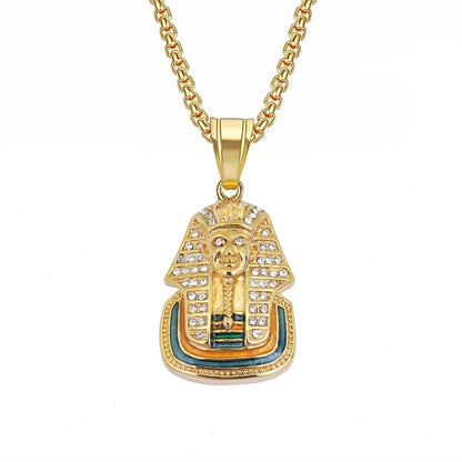 Iced Out Pharaoh Pendant – Gold-Tone Stainless Steel Egyptian Necklace for Men & Women