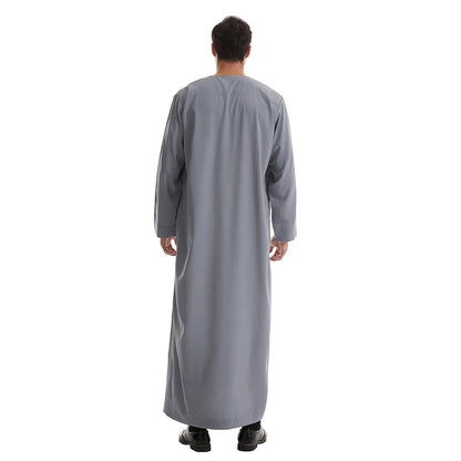 TH839 Men's Muslim Middle Eastern Men Long Sleeves Pure Color Buckle Robe Ramadan Eid Jubba Thobe