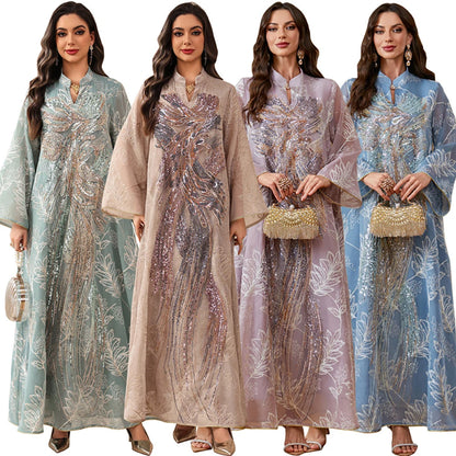 Zahraa Dubai Sequins Luxury Woman Evening Dress Mesh Embroidered Abaya V-Neck Caftan Marocain Femme 2026