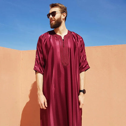 New Muslim Jubba Thobe Clothes Men Hoodie Ramadan Spring Autumn Abaya Dubai Turkey Islamic Clothing Male Casual Loose Red Stripe