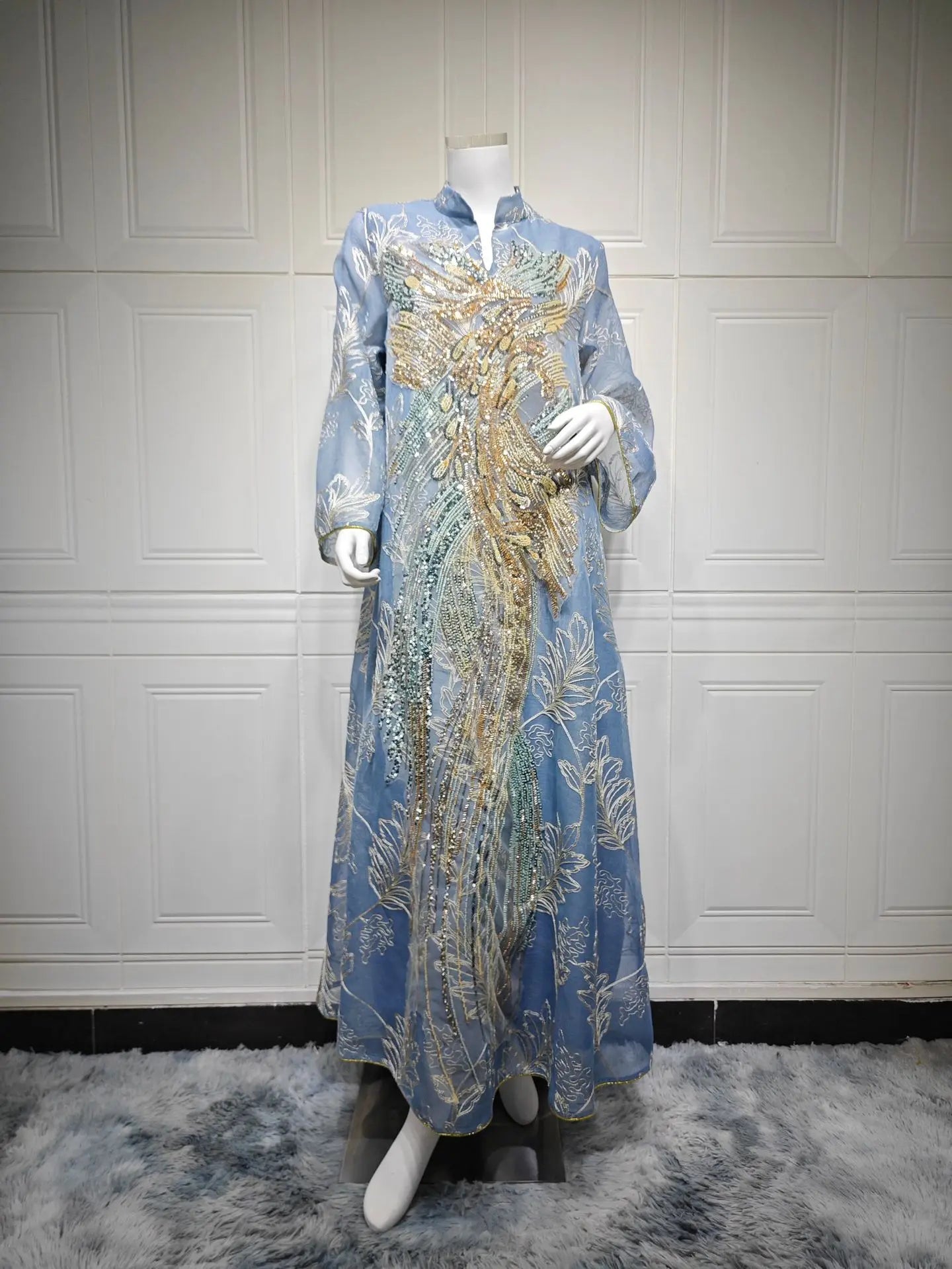 Zahraa Dubai Sequins Luxury Woman Evening Dress Mesh Embroidered Abaya V-Neck Caftan Marocain Femme 2026
