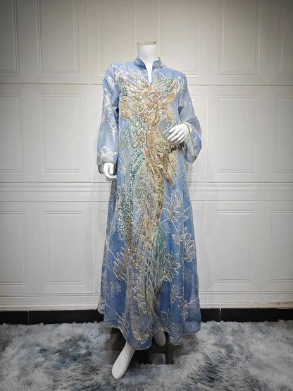 Zahraa Dubai Sequins Luxury Woman Evening Dress Mesh Embroidered Abaya V-Neck Caftan Marocain Femme 2026