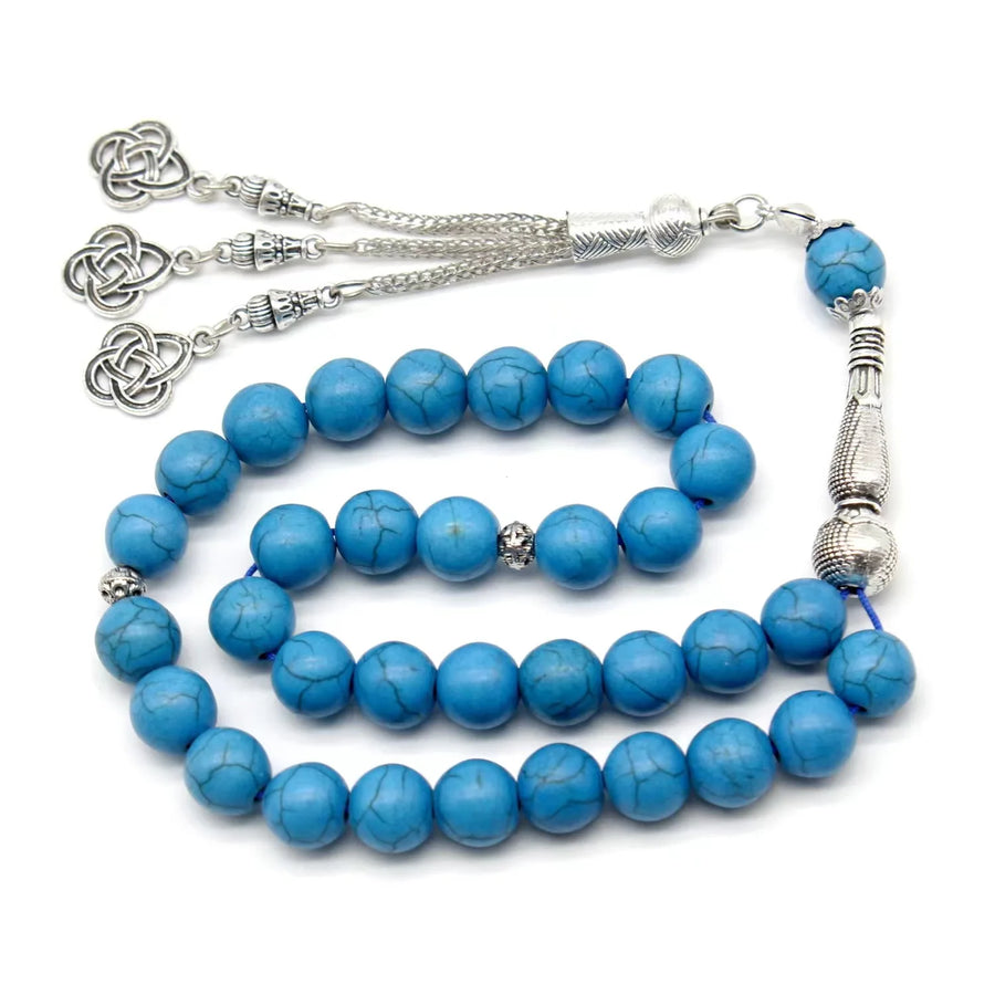 Turquoise Tasbih – 33 Natural Gemstone Prayer Beads with Metal Tassel