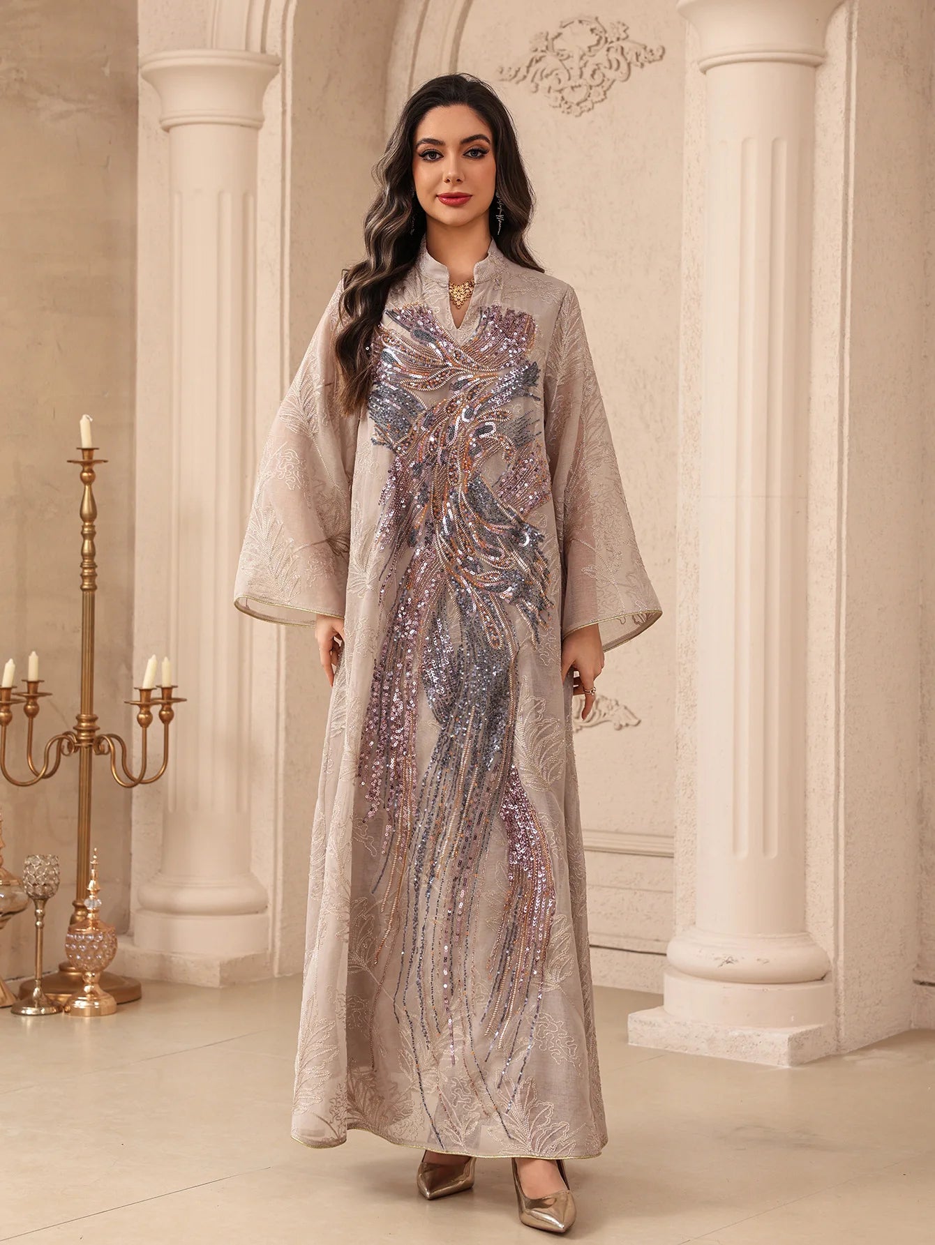 Zahraa Dubai Sequins Luxury Woman Evening Dress Mesh Embroidered Abaya V-Neck Caftan Marocain Femme 2026