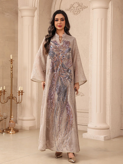 Zahraa Dubai Sequins Luxury Woman Evening Dress Mesh Embroidered Abaya V-Neck Caftan Marocain Femme 2026
