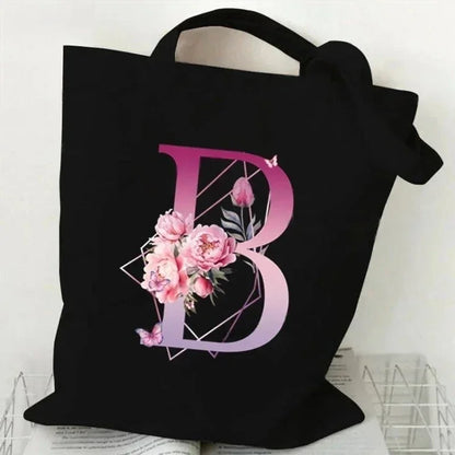 Noir Florale – Black Purple Alphabet Canvas Shoulder Tote