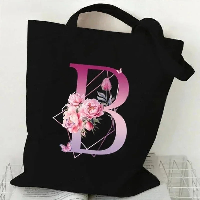 Noir Florale – Black Purple Alphabet Canvas Shoulder Tote