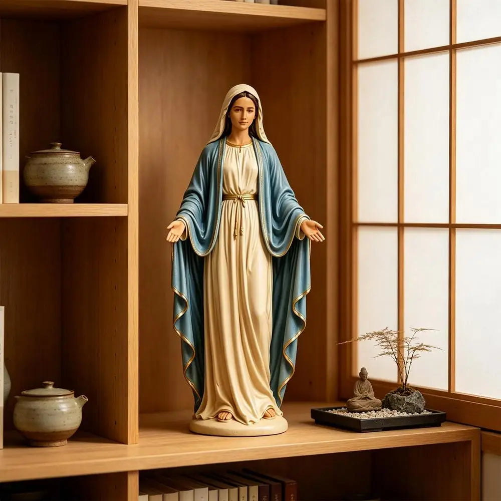 Mary Statue 12cm Open Arms Religious Figurine Resin Mary Desk Ornament for Home Living Room Bedroom Bathroom Desktop Bookshelf
