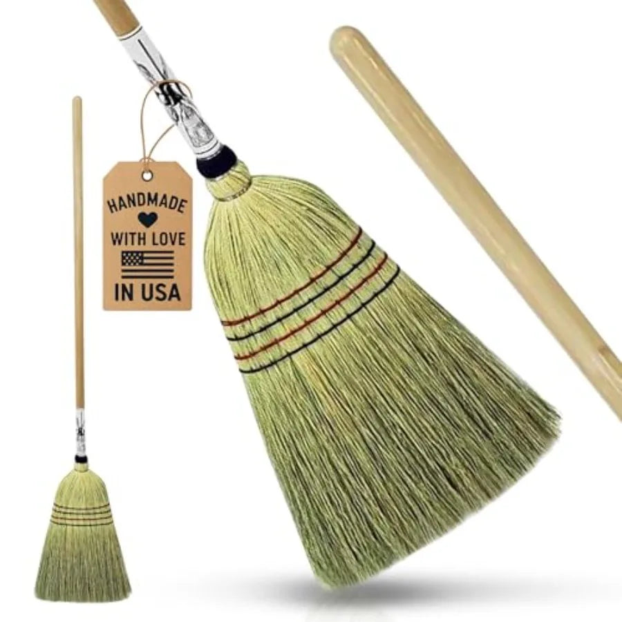 Handmade Amish Corn Broom with Wooden Handle 57" Heavy Duty Broom for Courtyard, Lobby and Market, 100% Corn Fill Straw Broo'm,