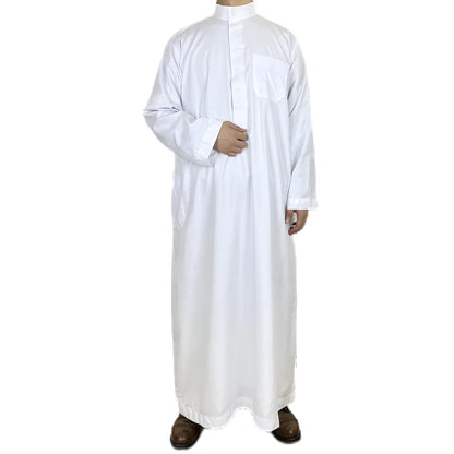 Polyester men's long robe, Qatar style stand collar robe, pocket design, Arabian and Middle Eastern men's clothing, available in
