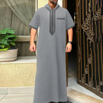 Short-sleeved, hooded, embroidered Muslim pocket Thobe, casual Arab style, traditional Gandoura prayer festival clothing for men