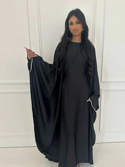 Eid Muslim Kaftan Satin Batwing Abaya Dubai Luxury Arabic African Dresses Abayas For Women Caftan Marocain Robe Femme Musulmane