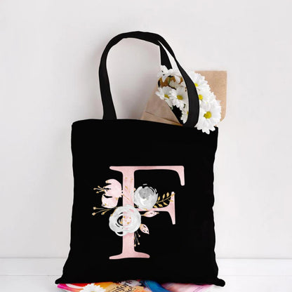 Her Letter, Her Bloom – Personalized Floral Initial Canvas Tote