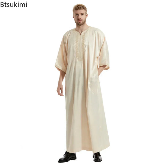 Eid Muslim Men Jubba Thobe Fashion Satin Embroidery Dress Kimono Robe Saudi Musulman Abaya Caftan Dubai Arabic Islamic Clothing