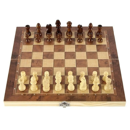 3-in-1 Chess&Backgammon&Checkers Set Wooden Foldable Board Games Set Chessboard Improve Intelligence International Chess Game