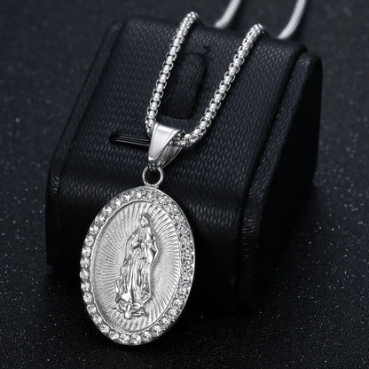 Virgin Mary Prayer Pendant Necklaces Gold color 316L Stainless Steel with rhinestone Women/Men Jewelry