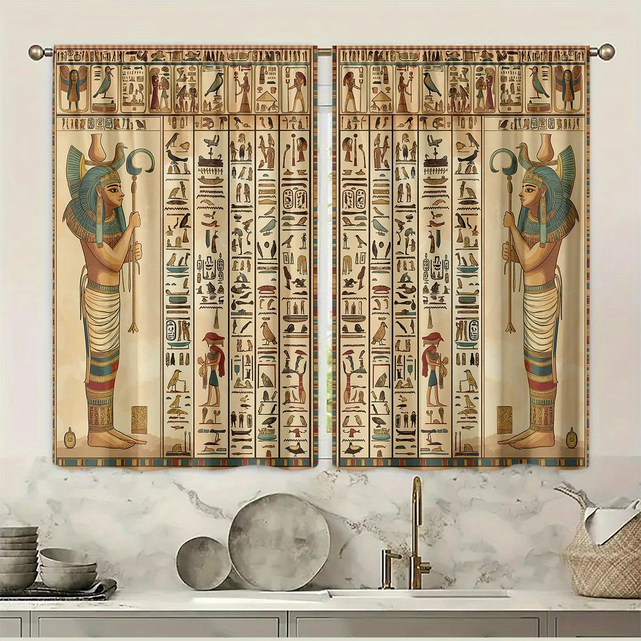 Egyptian Hieroglyphic Curtains – Ancient Gods & Pharaoh Window Drapes for Home Decor