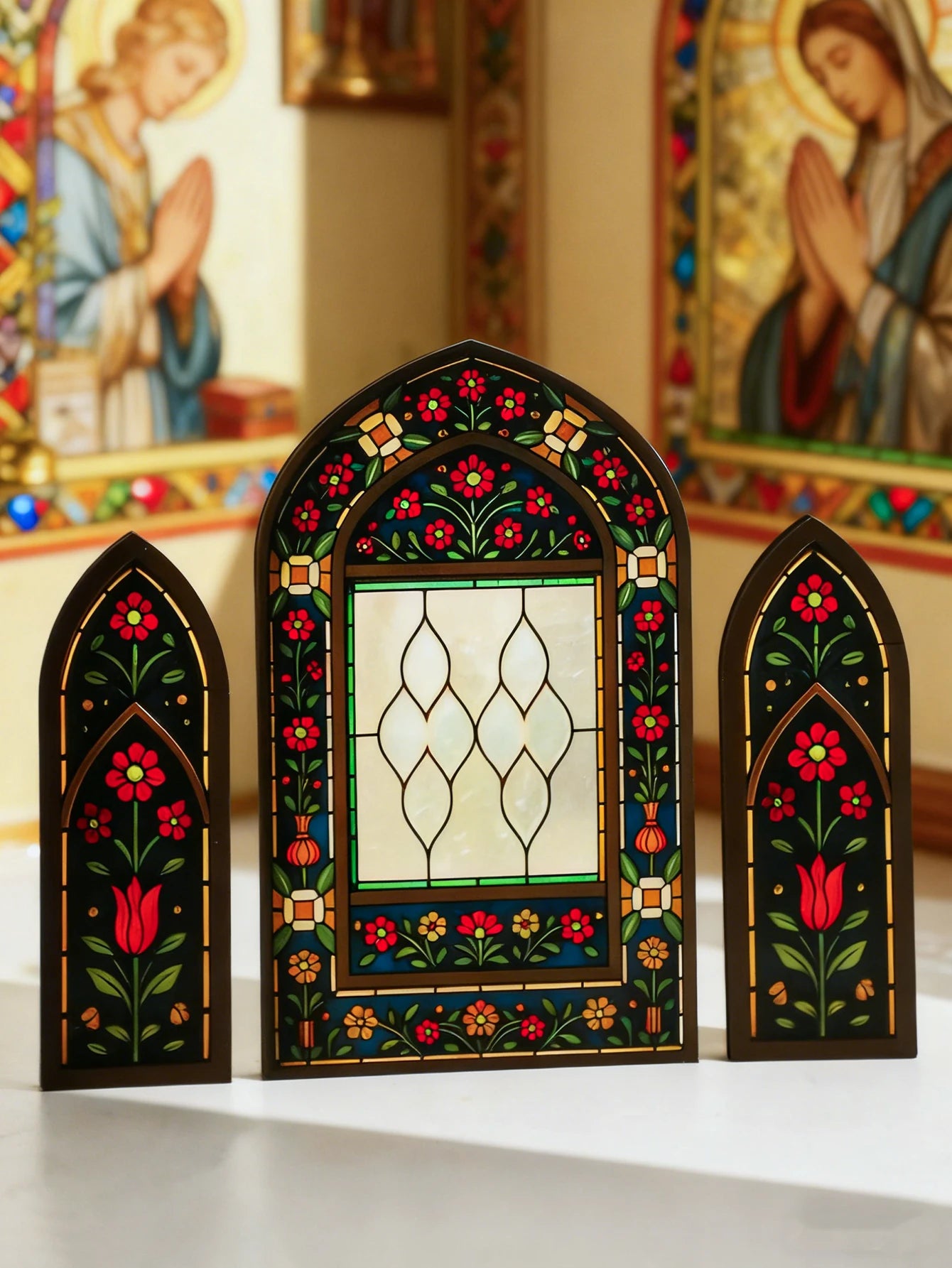 3Pcs/Set Islamic Geometric Arch Decor Golden & Floral Acrylic Table Ornaments Wooden Festive Home Decor for Ramadan & Eid Gifts